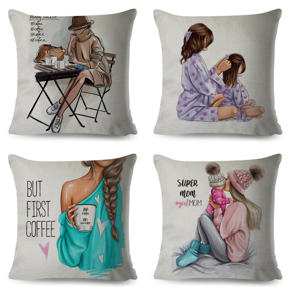 Fashion Cute Cartoon Super Mama Husă de pernă In 45*45cm Decor Mamă și Bebeluș Față de Pernă pentru Canapea Acasă Față de Pernă Super Daddy