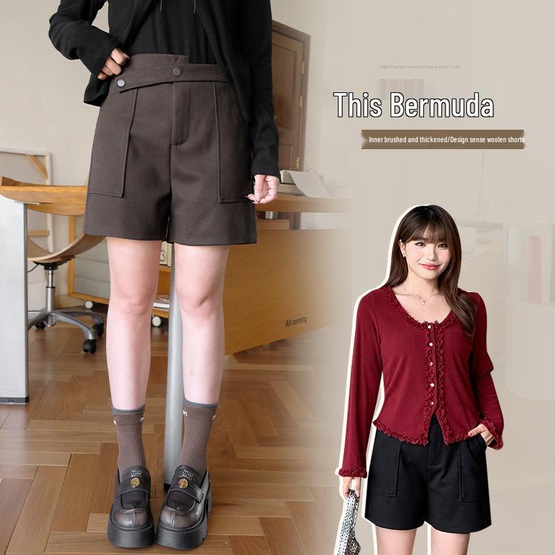 Women's Plus Size Korean Style Woolen High Waist Straight Leg Shorts