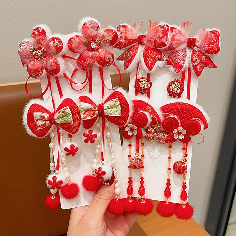 1pár děti rok Červená mašle Sponky do vlasů Kawaii Vlasové doplňky Motýlí střapce Spona do vlasů Všestranná spona do vlasů ve starověkém stylu