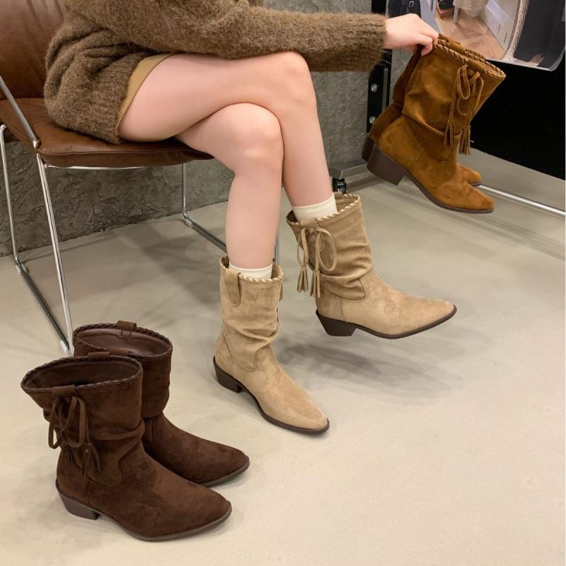 2025 Coarse Heel Vintage Bow Pointed Knight Boots Women's Pointed Tassel Versatile Frosted Suede Medium Boots