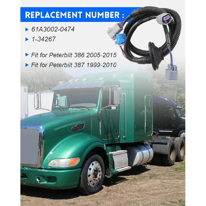 Headlight Wiring Harness Fit for Peterbilt 386 (2005-2015)/387 (1999-2010), Replace 61A3002-0474, 1-34267, 2PCS