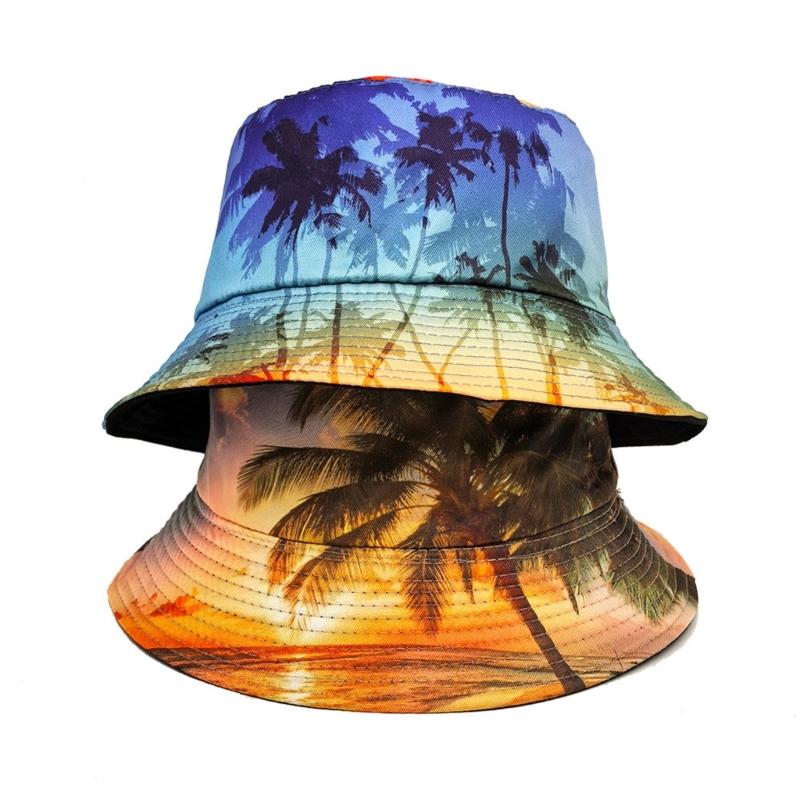 Soft Breathable Bucket Hat Sun Protective Caps with Tropical Scenery Print for Outdoor Activity and Travel Beach Vacation