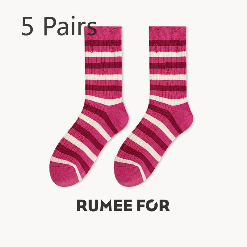 5 Pairs of Female Spring and Summer Personality Match Color Trend In The Tube Stack Socks