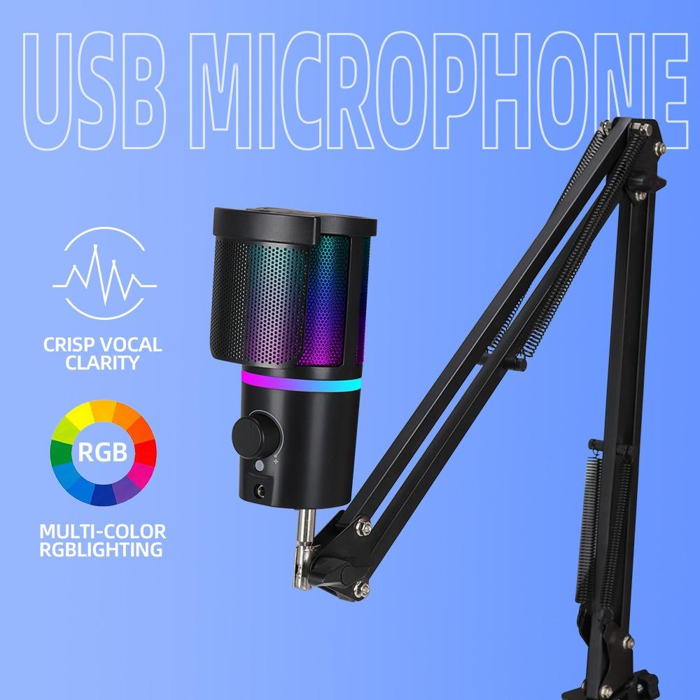 Professional RGB USB Microphone Kit with Boom Arm, Mute Button & Gain Control for Gaming, Streaming, PC, PS5, Mac, Android