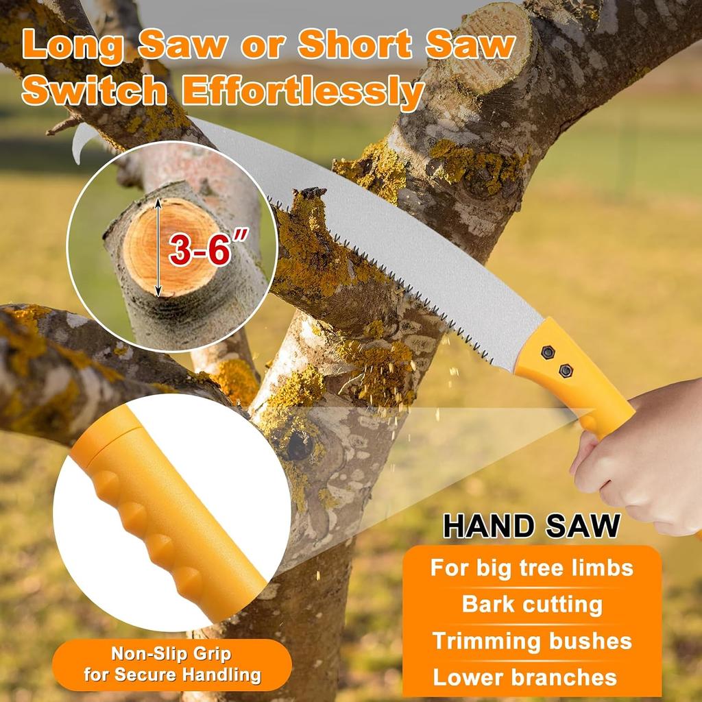 2-in-1 Manual Pole Saw | 11.5 FT Adjustable Tree Trimming Tool with Steel Blade | Lightweight Pruning Saw for Forestry, Yard, Garden & Patio