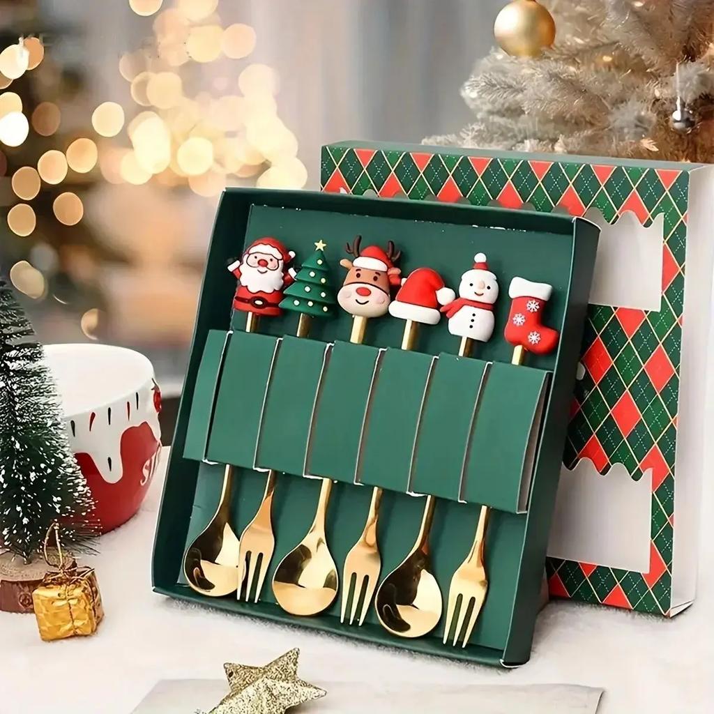(2/6pc) Christmas Spoon and Fork Set Stainless Steel Creative Tableware Coffee Tea Dessert Spoon and Fork Exquisite Gift Set
