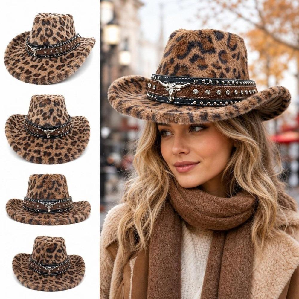 Rivet Detail Western Cowboy Hat Leopard Print Wide Brim Cowboy Cap Autumn Winter Wear