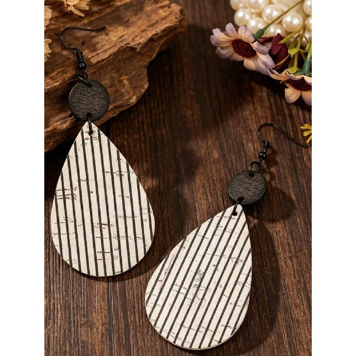 1 Pair Vintage Black Round Wood Slice Patchwork White Background Black Vertical Stripe Distressed Cracked Water Drop Wooden Earrings