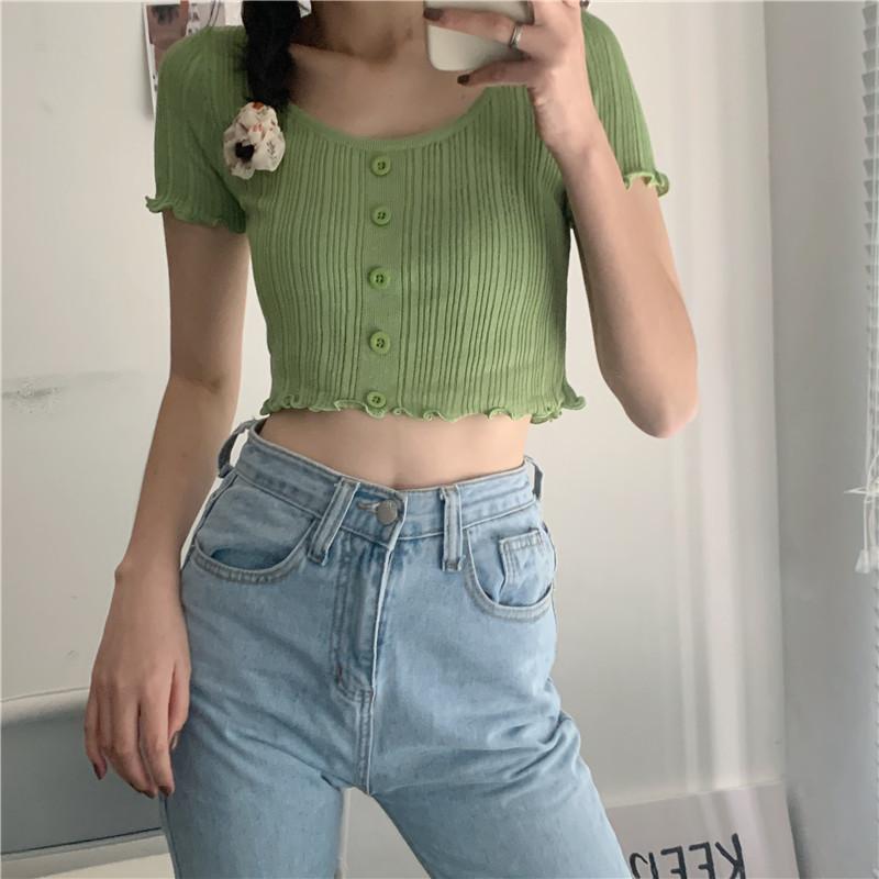 Solid Color Wood Ear Edge Summer Short Knit Round Neck Lace Short-sleeved Women's Top Slim Thin Knitwear Casual Essential Slim Fit Pullovers Tees
