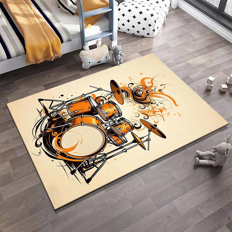 Stylish Drum Set Design Carpet with Orange and Black Patterns, Music Decor Suitable for use as an anti-slip for living room bedroom sofas