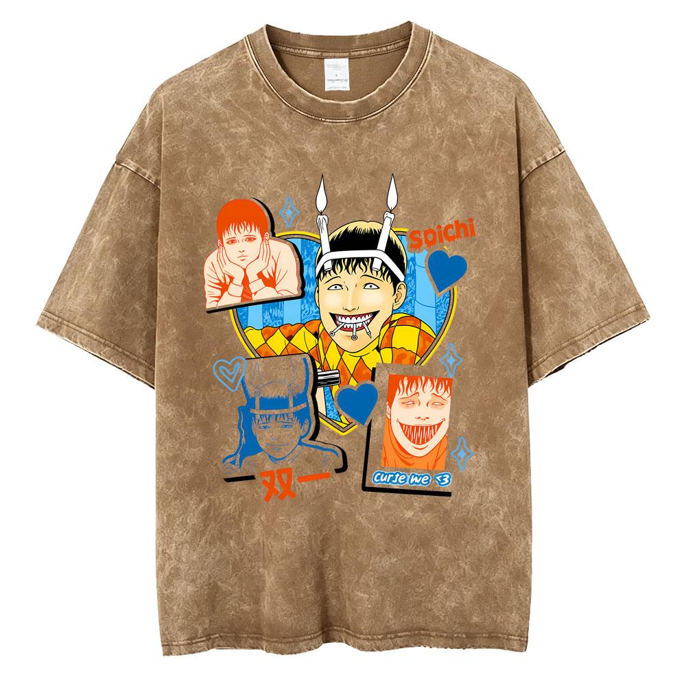 Anime Tomie Junji Ito Vintage Washed T-shirt Men Women Manga Horror Gothic Rock T Shirts Male Retro High Quality Cotton T-shirts