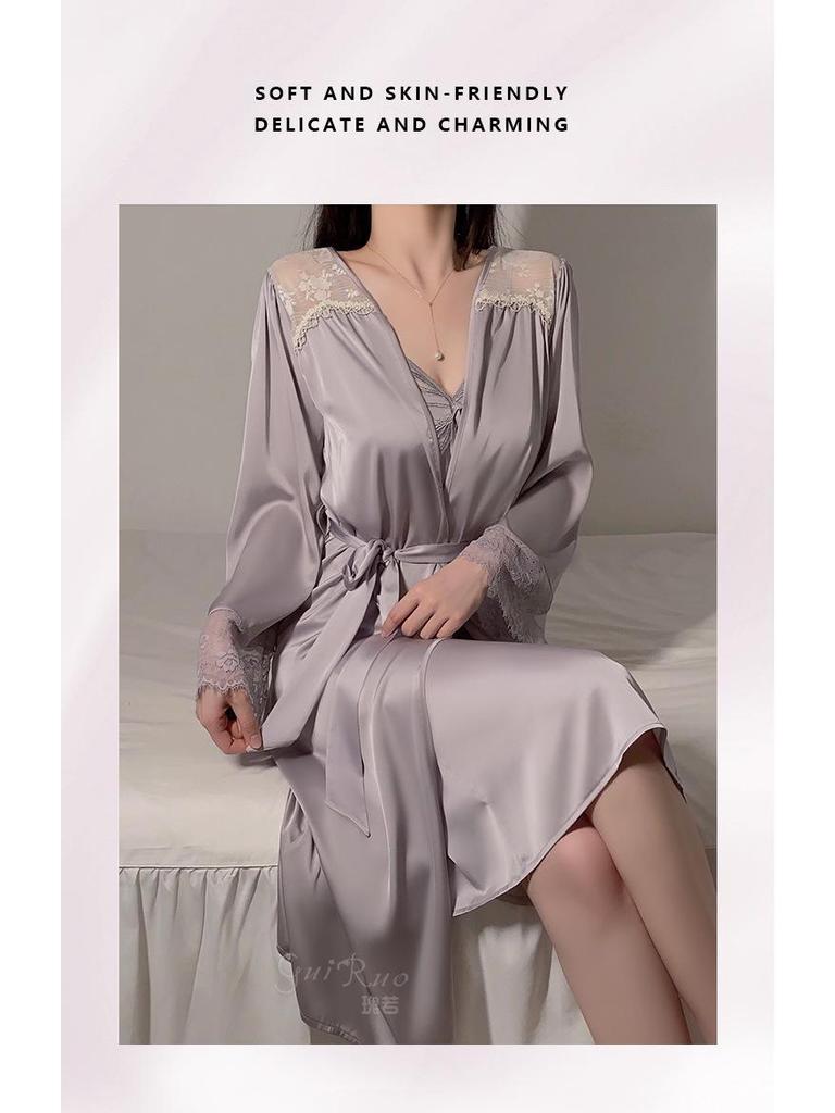 Silky Satin Lace Pajama Set with Chest Pad and Outer Robe - P4105