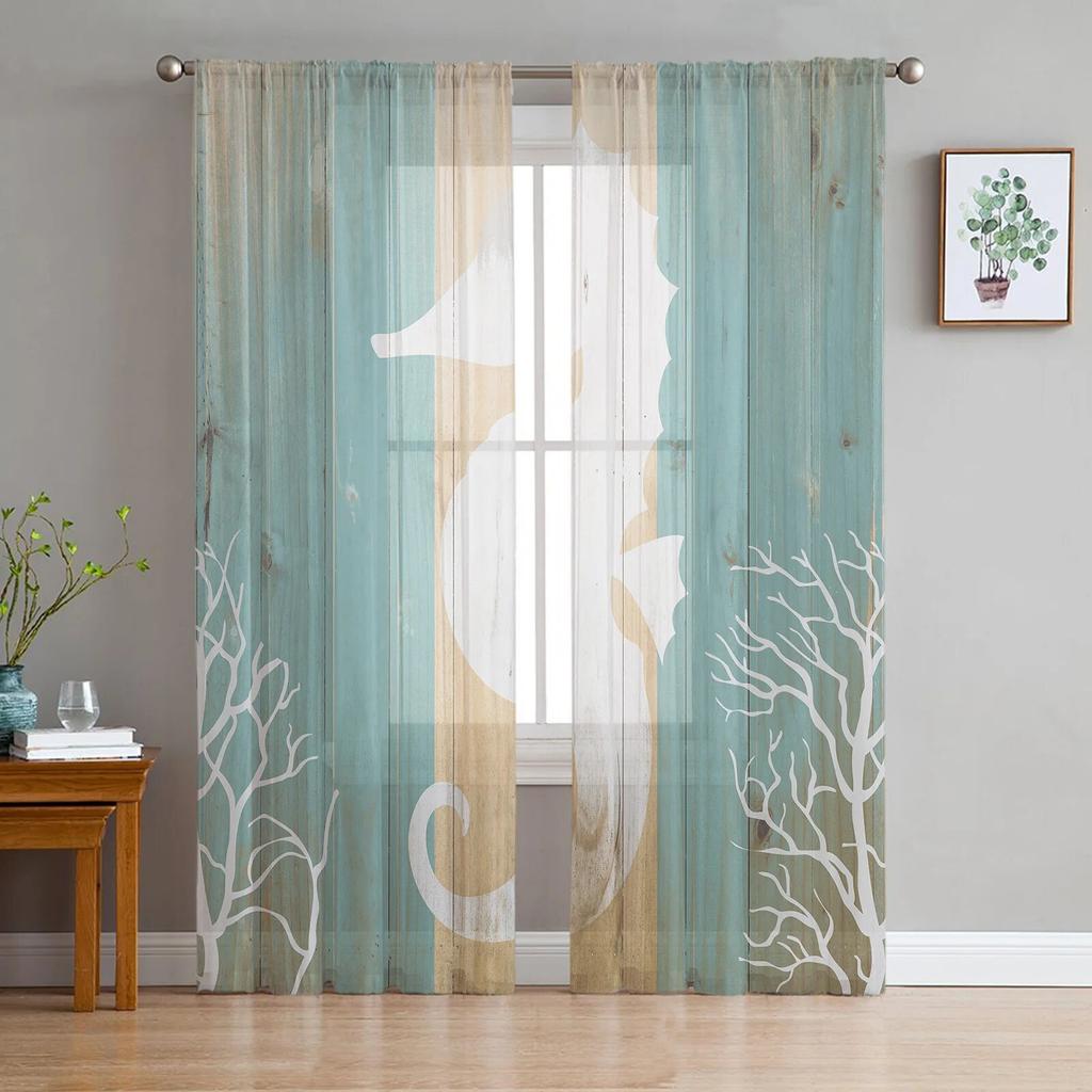 Marine Life Two Seahorses Sheer Curtains for Living Room Voile Curtain Bedroom Bathroom Tulle Curtains Window Drapes