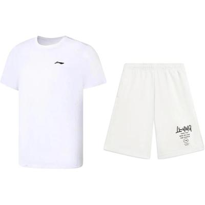 Li-Ning Solid Color Round Neck Breathable Short Sleeve T-Shirt Letter Mid Waist Breathable Versatile Casual Sports Suit ATSS069-11+AKST593-7