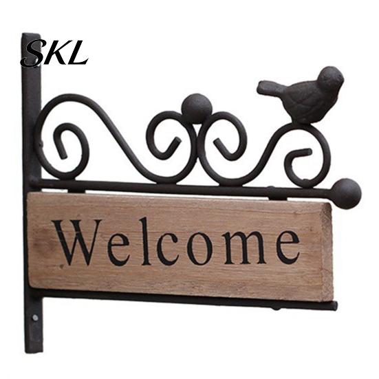 Bird Welcome Sign Mini Sign, Retro Carved Wooden Panel with Iron Frame Wall Vintage Decoration Mounting for Outdoor Porch Courtyard Gates Fences,
