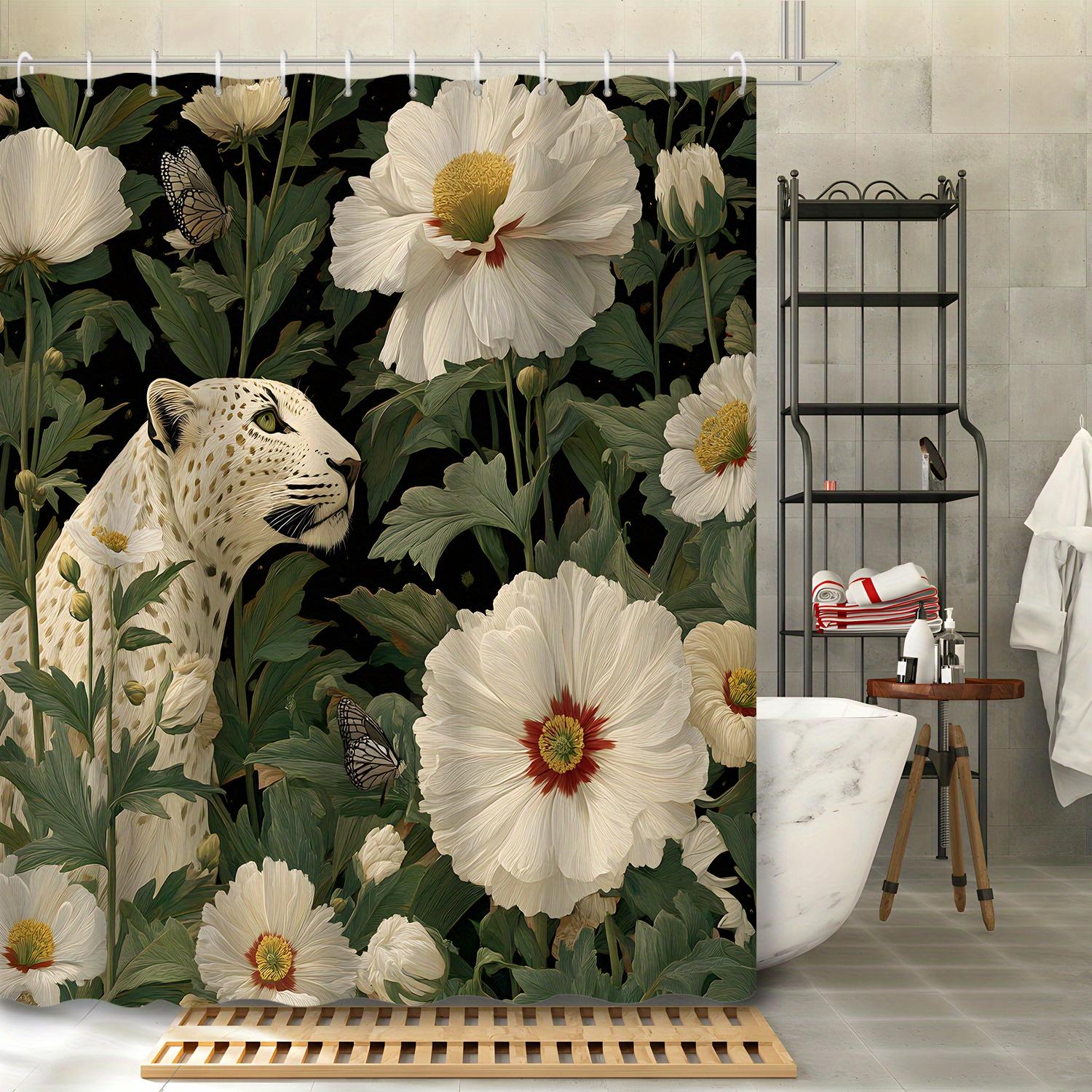

1Pc Natural Jungle Plant Animal Leopard White Floral Shower Curtain, 12 Hooks Bathroom Decor W60H190(CM)-1 Pcs
