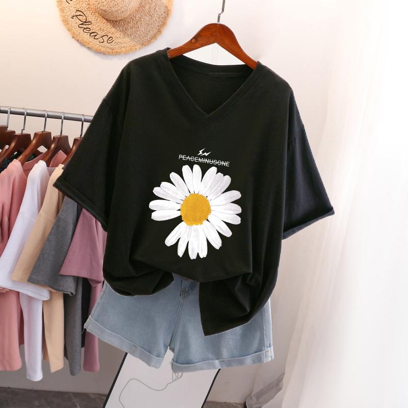 Short-sleeved T-shirt for Women, Large Size, Loose and Slimming, Printed V-neck Top