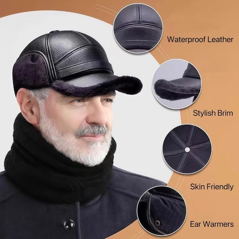 Winter Warm Hat Leather Baseball Cap for Men Windproof Soft Plush Visor Ear Protection Skiing Outdoor Sports Cold Weather