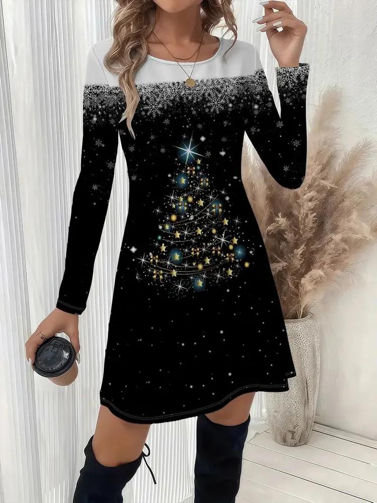 2025 Women's Christmas Dress Fashion O-Neck Long Sleeve Christmas Tree 3D Printed A-Line Dress Ladies Dresses Plus Size Femme