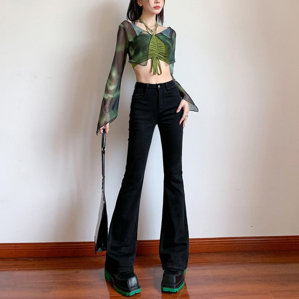 

Женские джинсы клеш с высокой посадкой, новые весенне-осенние, облегающие, нишевого кроя, узкие, дизайн «подкова», слегка вытянутые джинсы 2XL чёрный