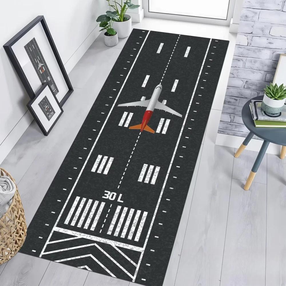 Alfombra Runner Larga para Pista de Aeropuerto, Antideslizante, Lavable, Alfombrilla de Cocina, Base Negra con Gráfico de Avión, Alfombra para Pasillo, Recibidor