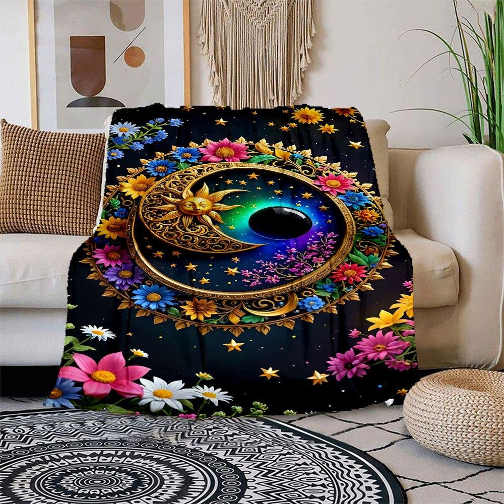 "Colorful Floral Celestial Wall Art Decor"Blanket Flannel Throw Blanket for Sofa, Bed, Travel, Camping, Office