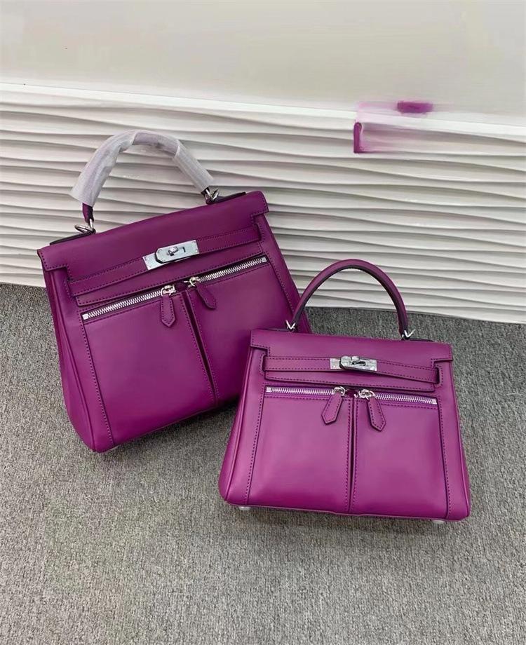 New first-layer cowhide KL bag women's double pocket capacity large handbag commuter shoulder messenger bag