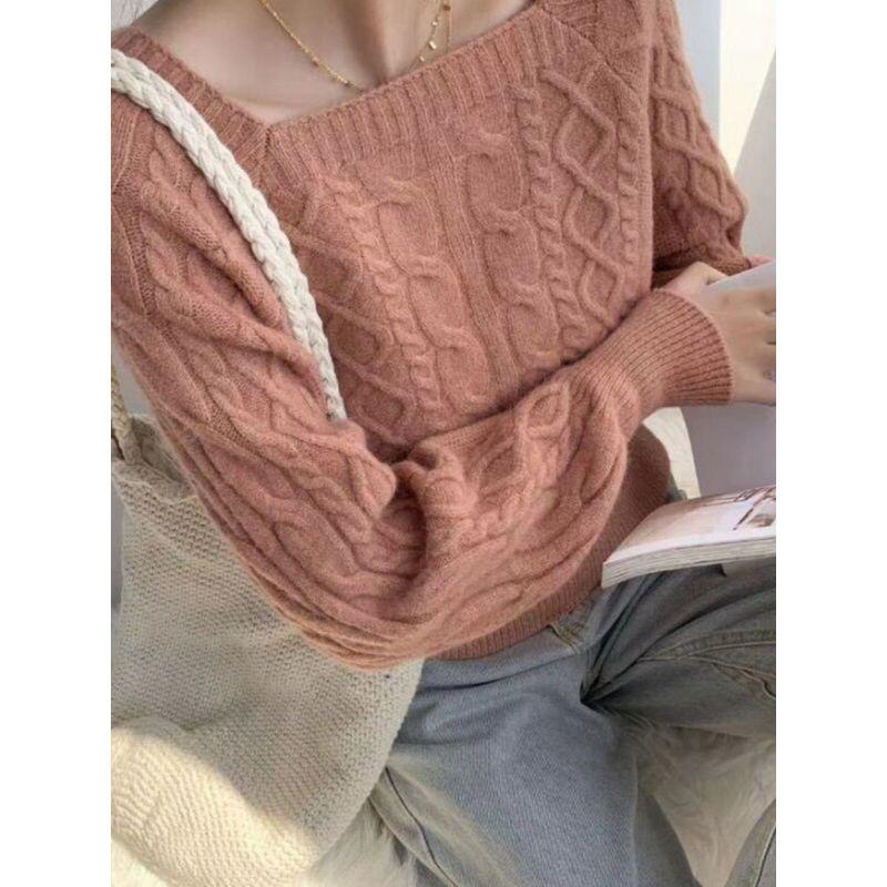 New Square Collar Retro Hemp Pattern Loose Knitwear