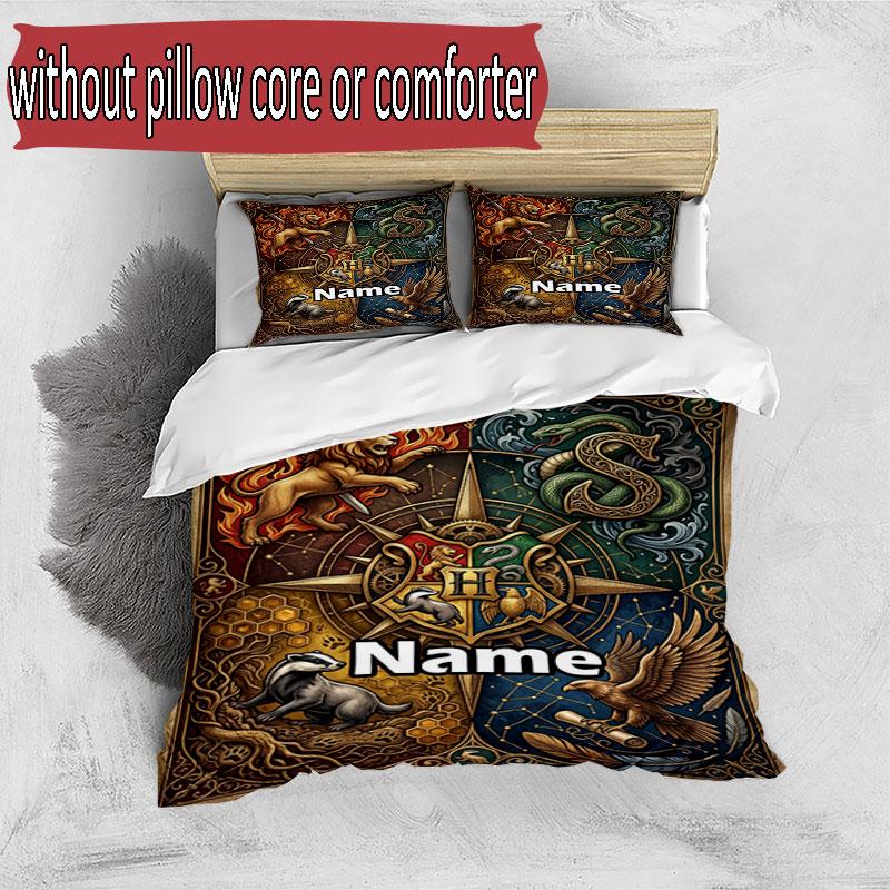 3pcs Duvet Cover Set (1*Duvet Cover + 2*Pillowcase, Without Core), Custom Name Harry potter Pattern Bedding Set, Home Bedroom Decor Gift