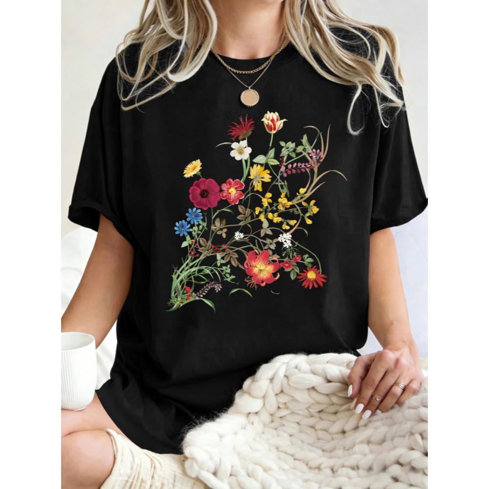 Beautiful Flowers Born In The Sun Print Women T-Shirts O-Neck Y2K Short Sleeve Cotton Casual T Shirt Oversized Clothes
