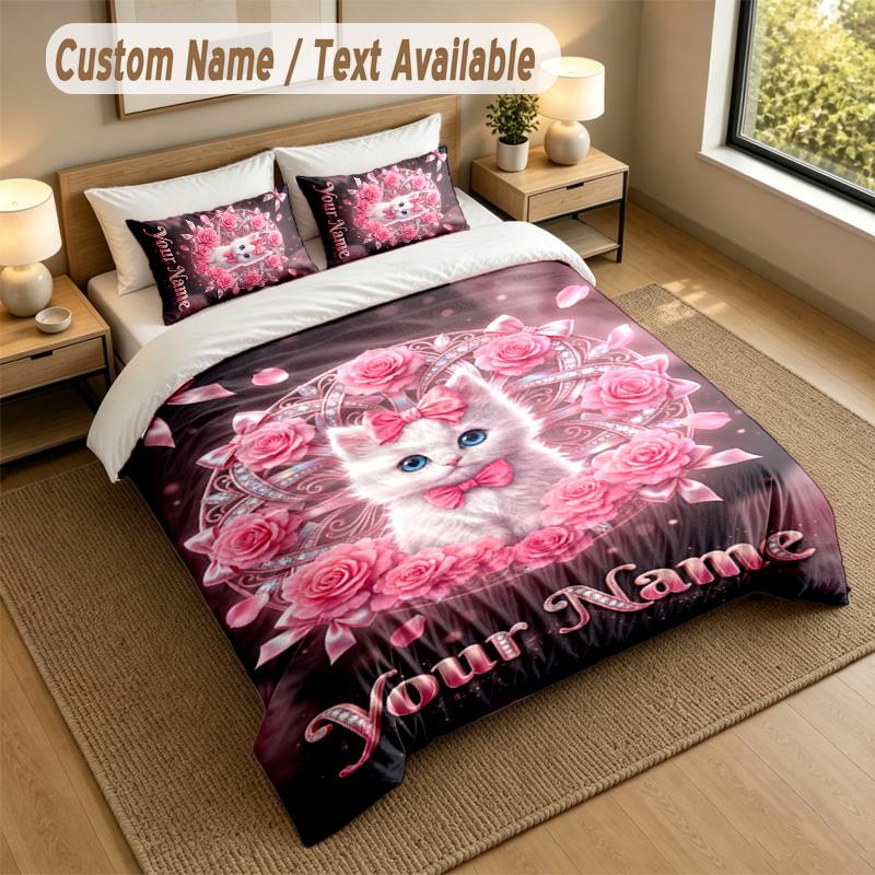 Cat Theme Personalized 3Pcs Bedding Set Custom Text & Name 1 Sheet 2 Pillowcases Household Bedding 1pc