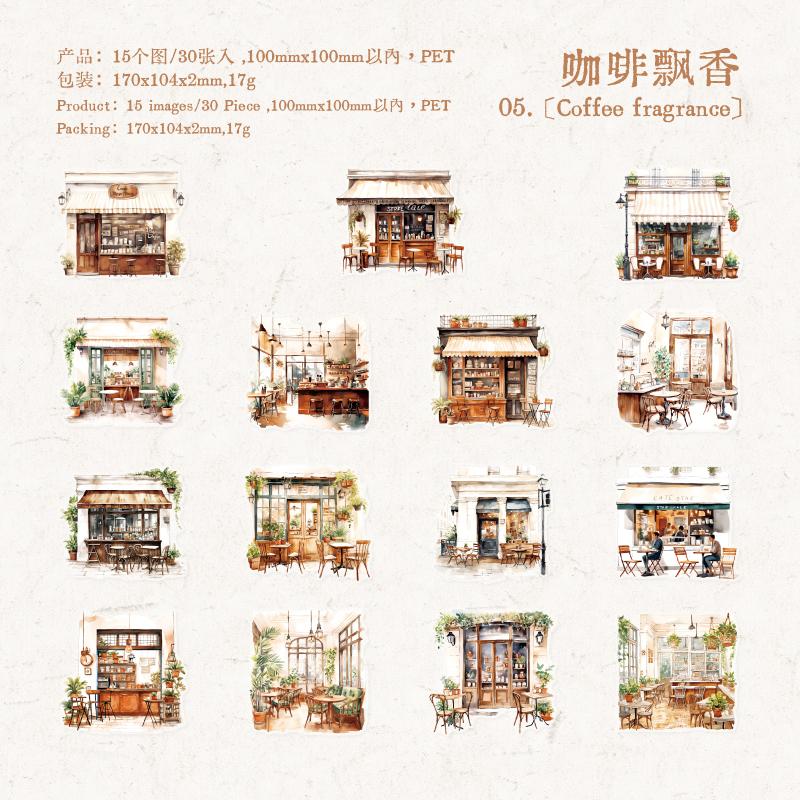 30 Sheets/Book Waterproof PET Sticker Pack Walking Coffee House Series Retro Fashion Ladies Theme Sticker DIY Collage Decoration