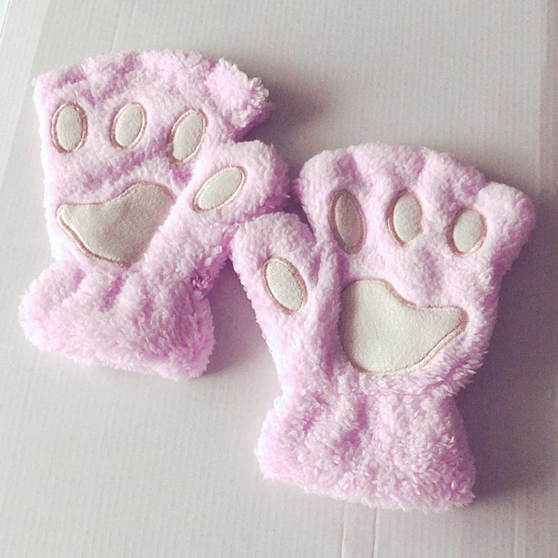 Korean Style Women's Half-Finger Plush Gloves with Embroidered Bear and Cat Paw Design