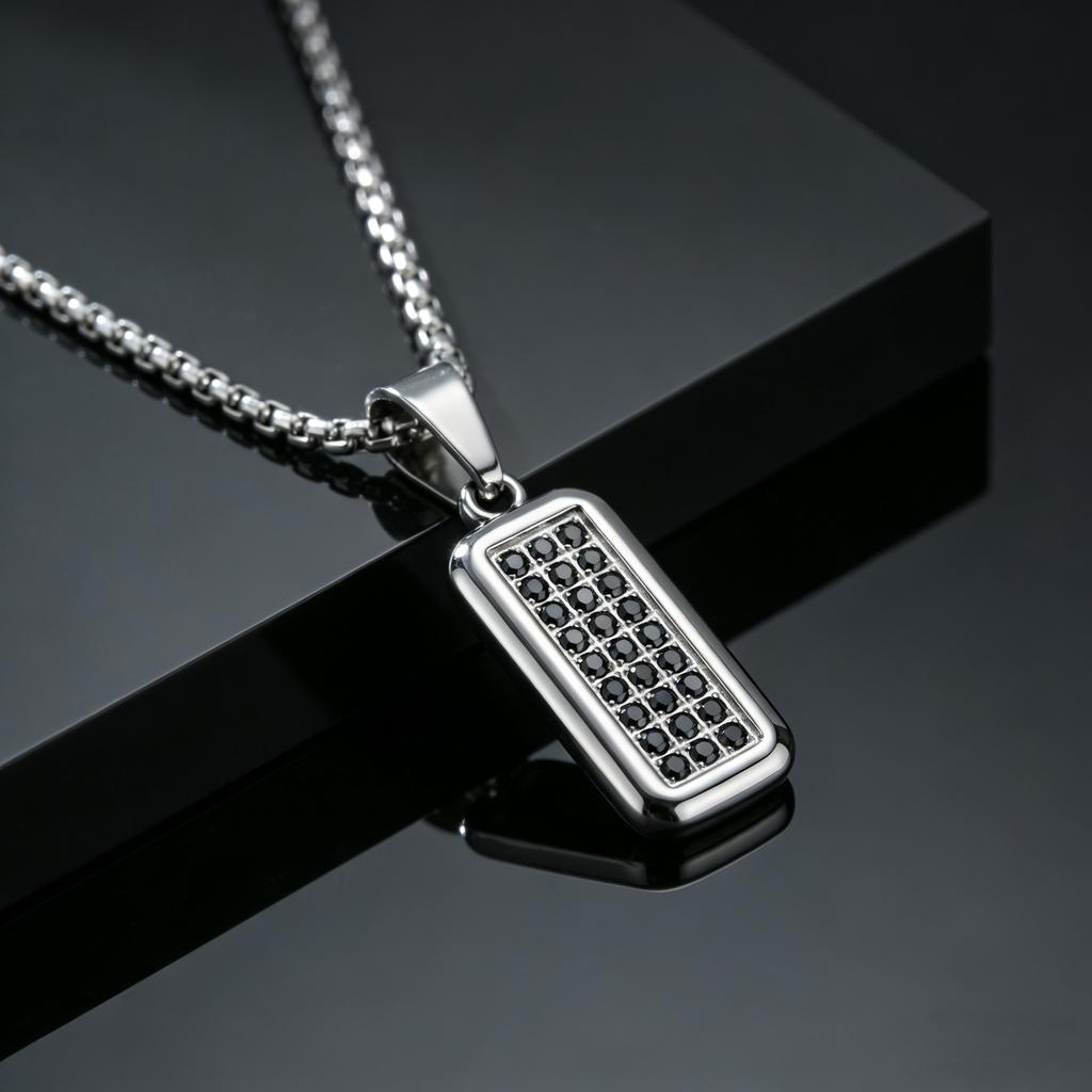 Stylish Black Zircon Dog Tag Pendant Necklace for Men, Fashion Waterproof Stainless Steel Necklace, Trendy Jewelry Gifts to Him