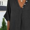 Cotton Linen Women Shirt V-Neck Buttons Half Placket Half Sleeve Breathable Loose Fit Tops Daily Wear