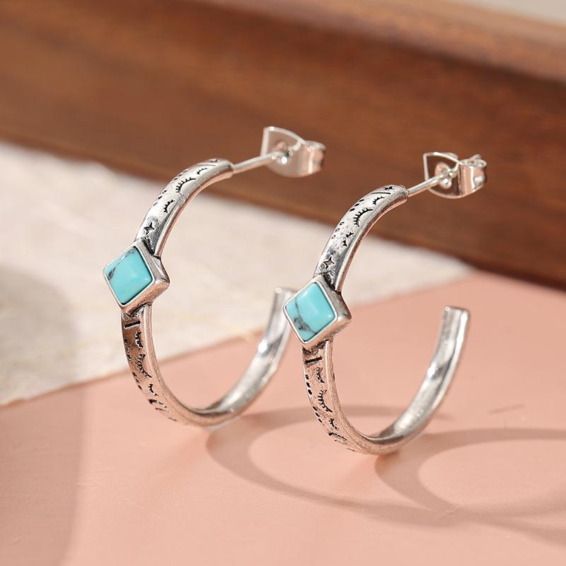 Винтажные серьги из металла серебристого цвета с резным узором, этнические квадратные серьги-кольца с инкрустацией имитацией бирюзы, ювелирные изделия