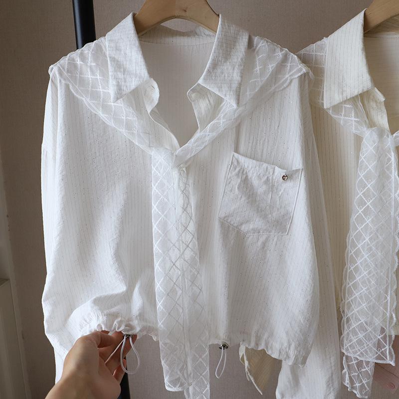 [Bi Zheng] 2025 Spring Korean Style Striped Short Long Sleeve Shirt with Lace Shawl for Women