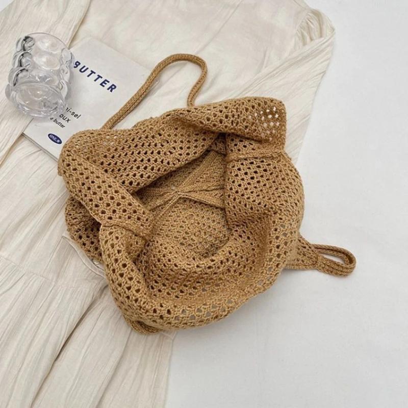 Large Capacity Ladies Vacation Beach Bucket Tote Hollow Design Travel Female Handbags Casual Simple Women Knit Shoulder Bags