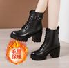 Tacchi Alti da Donna Vera Pelle Tacco Grosso Stivaletti Corti Autunno Inverno Floccato Platform Stivaletti alla Caviglia Stringati Metà Polpaccio Cerniera Stivale