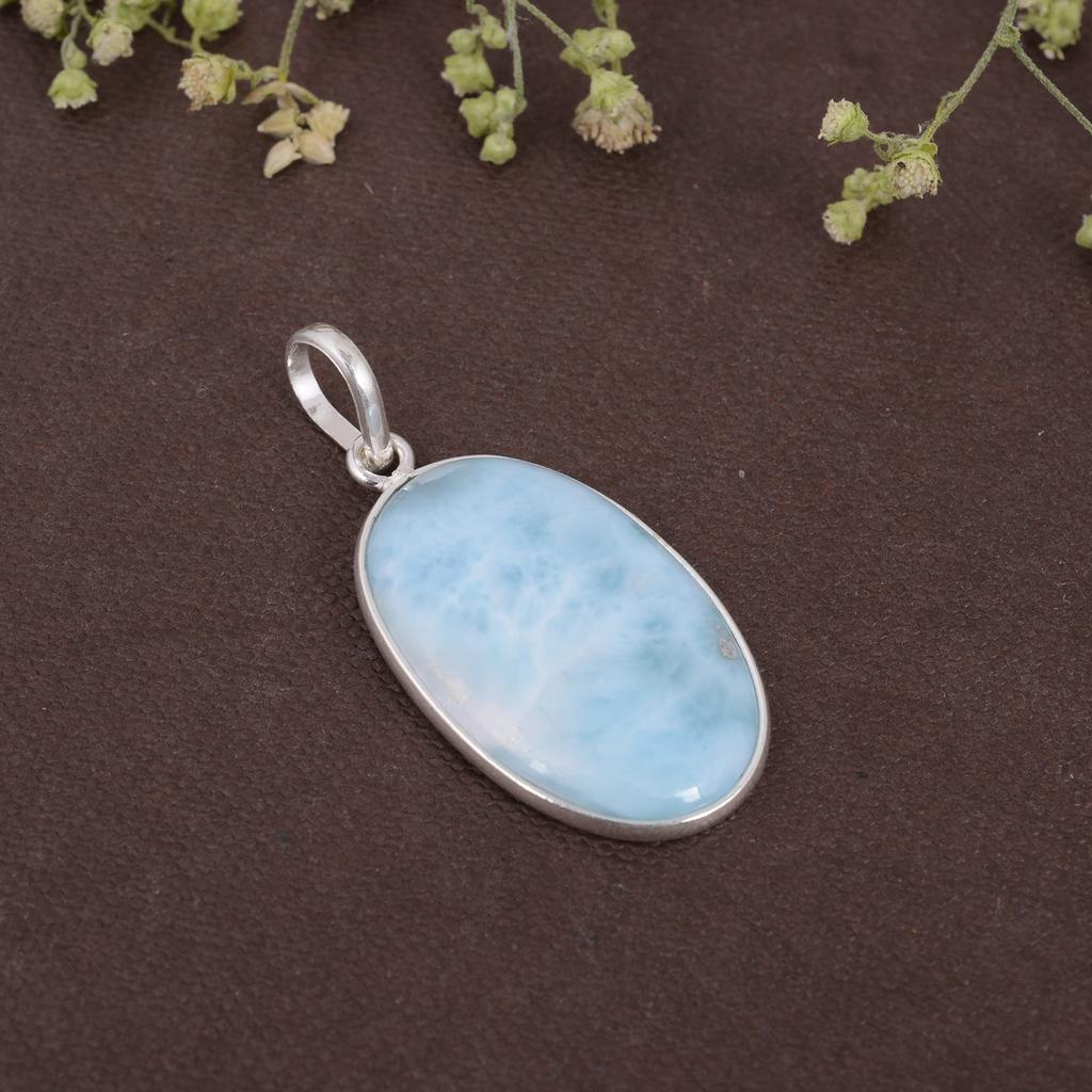 925 Sterling Silver, Larimar Pendant, Oval Pendant, Handmade Jewelry, Gift For Her, Healing Pendant, Birthstone Gift, Reiki Pendant