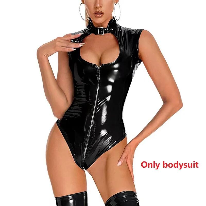 Dobbel glidelås Sexy åpent skritt glanset skinn bodysuit for kvinner Hot porno bryst eksponerer skinnende lateks trikot ermeløs Sexi