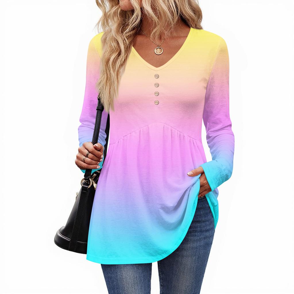 Women's Casual Fashion V-Neck Button Gradient Long Sleeve Top