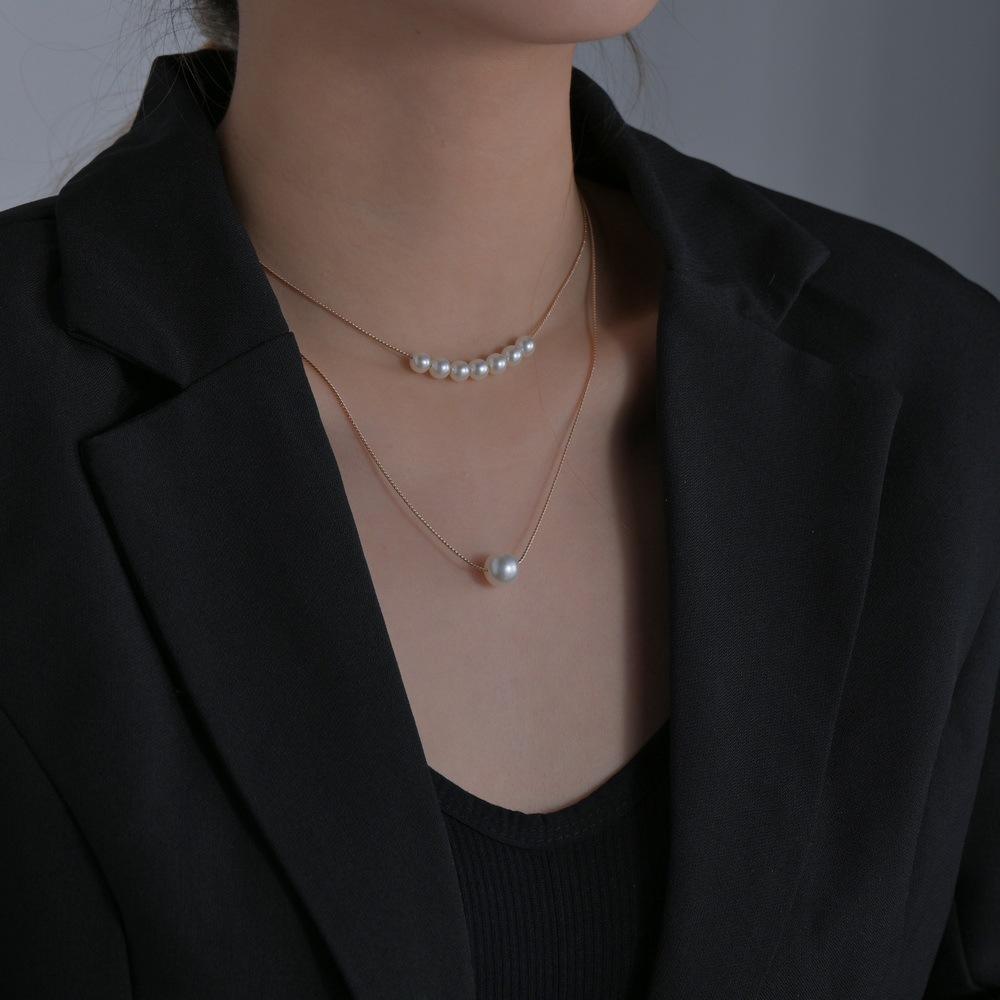 Commuter Ins Wind Double Stacked Pearl Necklace Gentle Multi-layer Pendant Necklace Metal