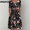 IHUASU 30 Color Pleated Midi Dress Short Sleeve Round Neck Loose Hem Mid-Calf Length Women Floral A-Line Party Dress Casual Wear