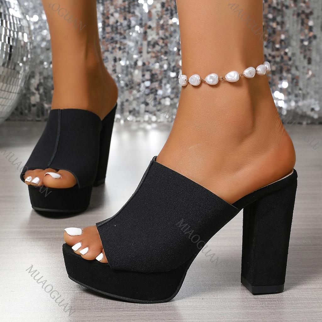 Fashion Summer New Women's Square Toe High-heeled Slippers Platform Black Fish Mouth Plus Size Party Shoes Elegant Heel Sandals Slides