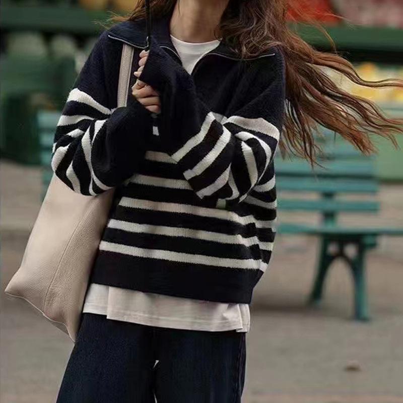 Women's Knitted Sweater Lapel Zipper Sweater Women's Autumn and Winter Loose Lazy Wind Outer Pullover