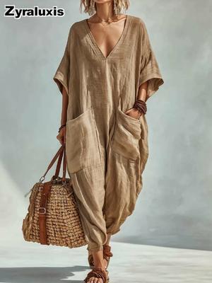 Loose Multi-Pocket Wide Leg Harem Pants V-Neck Bodysuit