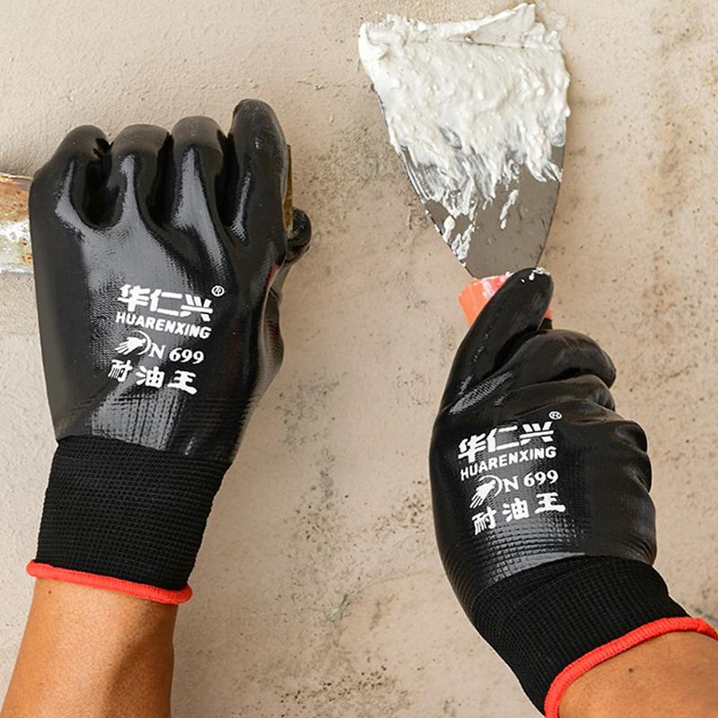 1 pár protiskluzových vodotěsných rukavic s nitrilovým povlakem, odolných proti oleji/vodě a prořezu, pracovní rukavice pro opravy, rybaření, bezpečnostní rukavice