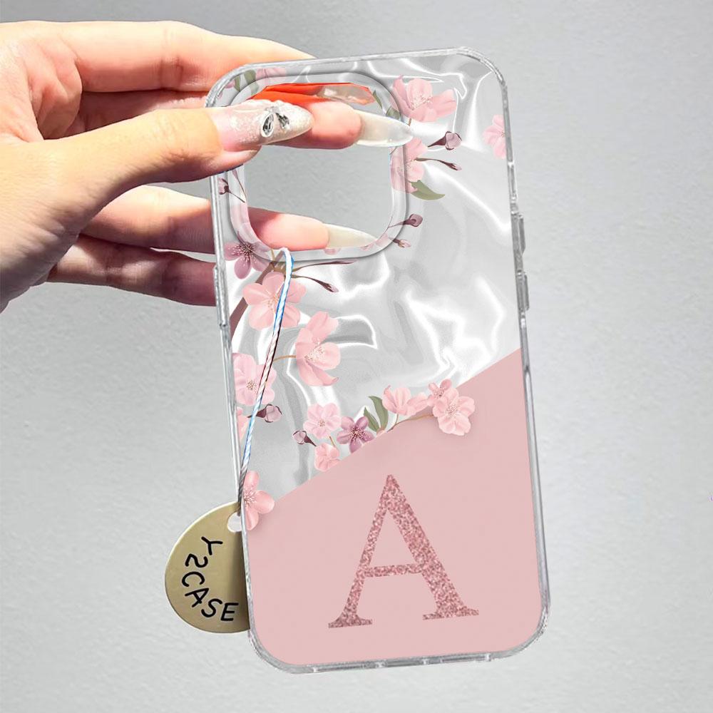 A Z Pink Letter Peach Flower Shockproof Phone Case For Samsung Galaxy A07 A17 A06 A16 A26 A36 A56 A12 A22 Shell Couple Cover