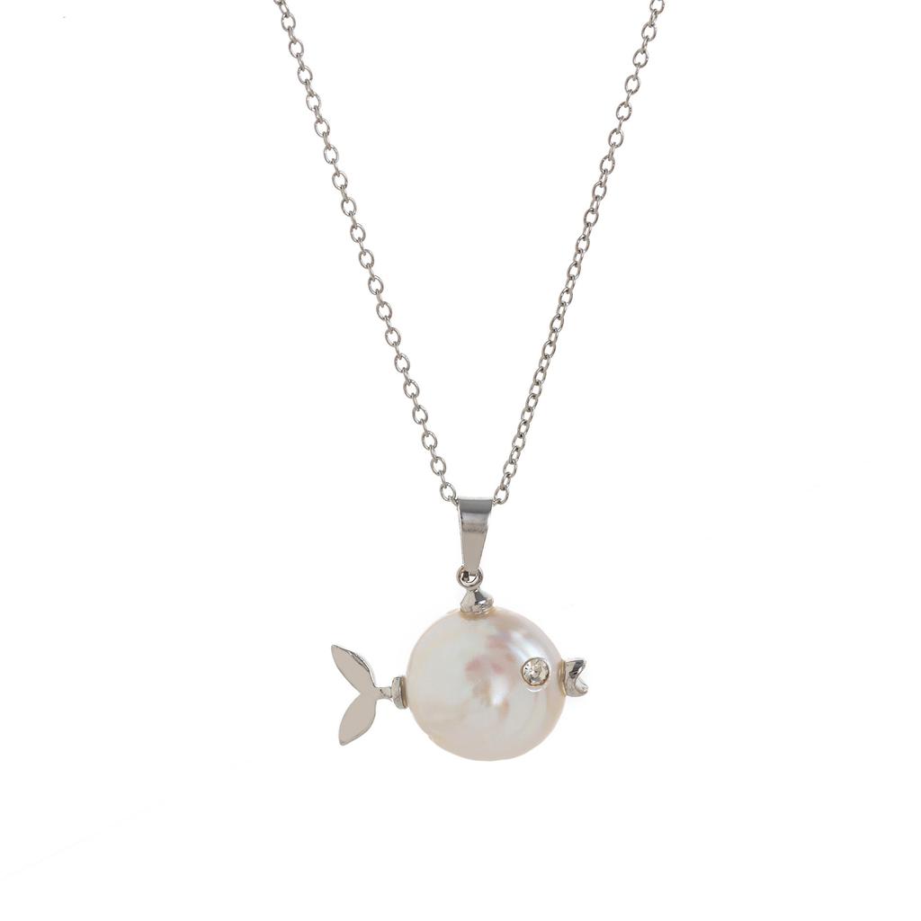 Baroque Little Whale Necklace, Special-Shaped Pearl, Marine Life Pendant, Collarbone Chain, Small Fish Stud Earrings Set, Color Retention.